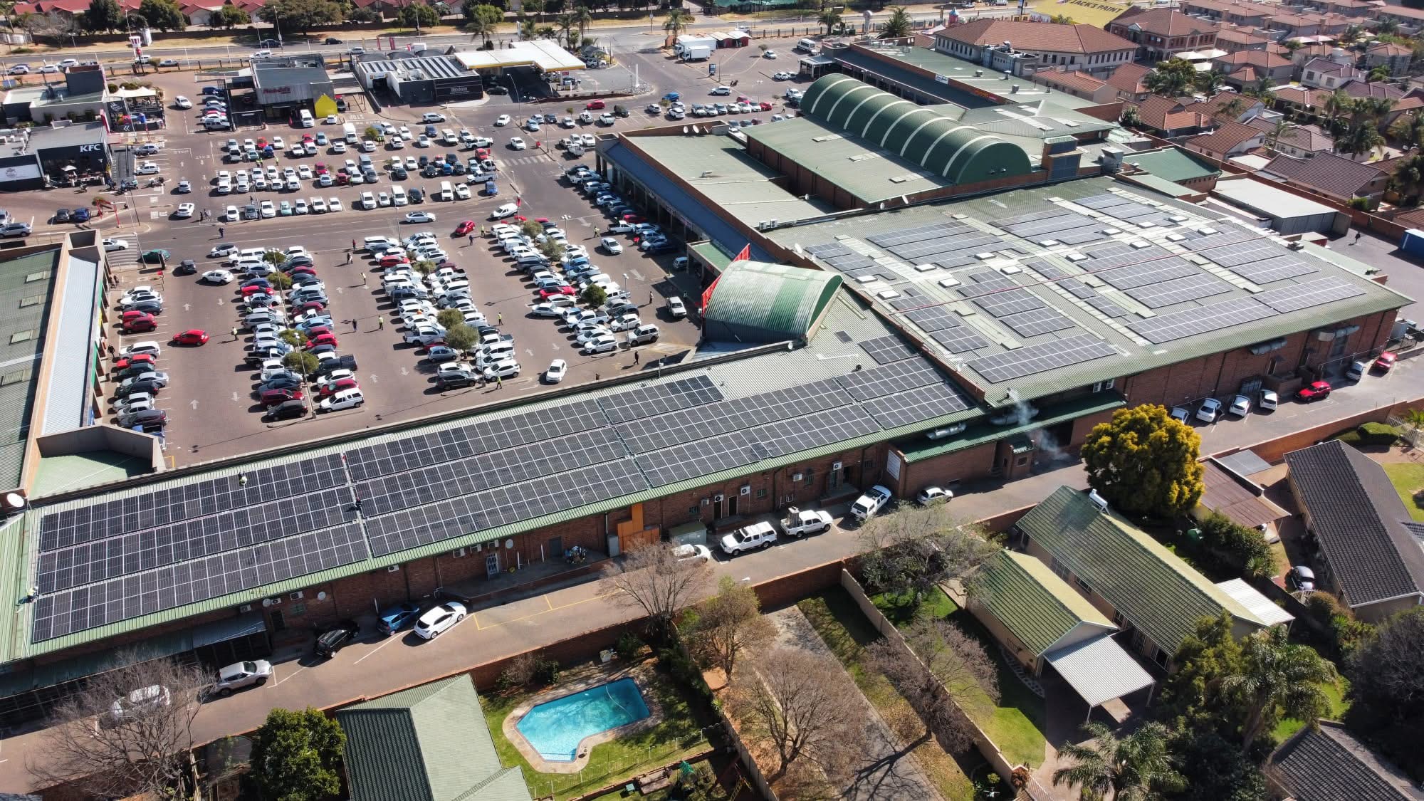 Rooftop solar PV covering the roofs of a commercial retail centre in Gauteng